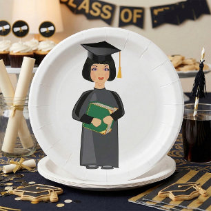 Girl Graduate in Black Cap and Gown Paper Plate