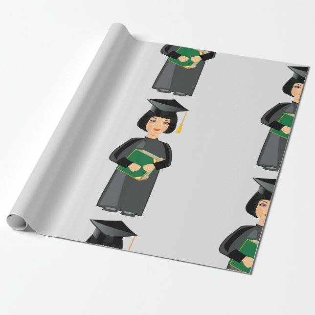 Girl Graduate in Black Cap and Gown Wrapping Paper (Unrolled)