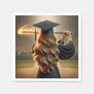 Girl Graduate Swinging a Flaming Baseball Bat Napkin