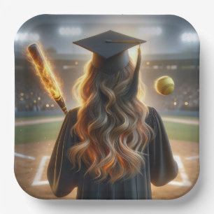 Girl Graduate With Flaming Bat and Softball Paper Plate