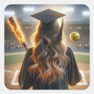 Girl Graduate With Flaming Bat and Softball Square Sticker