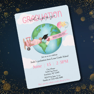 Girl Graduation Photo Globe Clouds Pink Aeroplane Invitation
