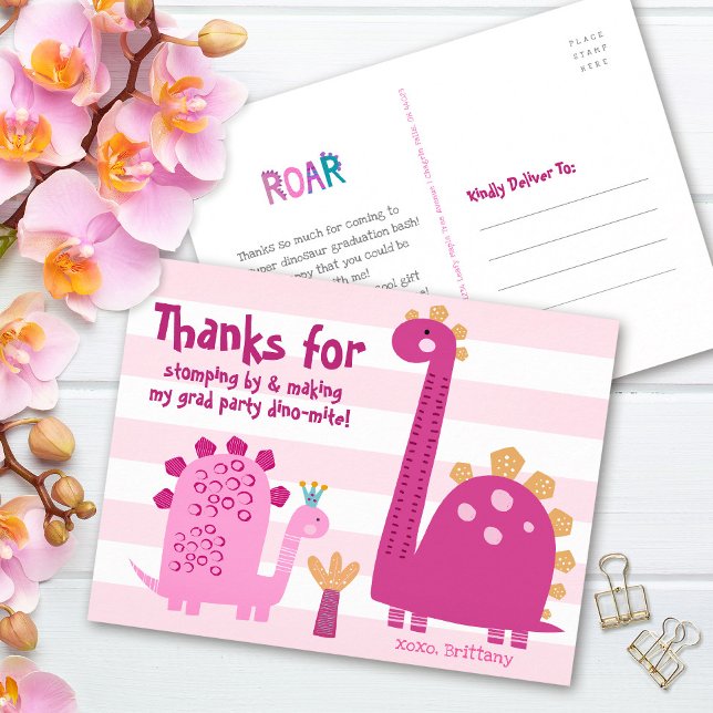 Girl Graduation Pink Dinosaurs Kawaii Thank You Postcard (Creator Uploaded)