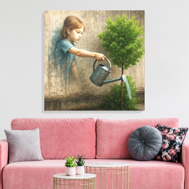 Girl Graffiti Watering a City Tree Canvas Print (Insitu(LivingRoom))