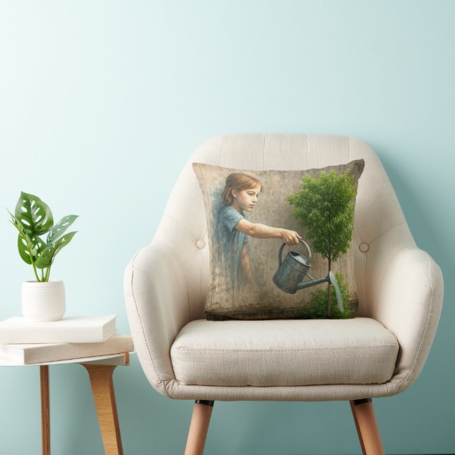 Girl Graffiti Watering a City Tree Cushion (Chair)