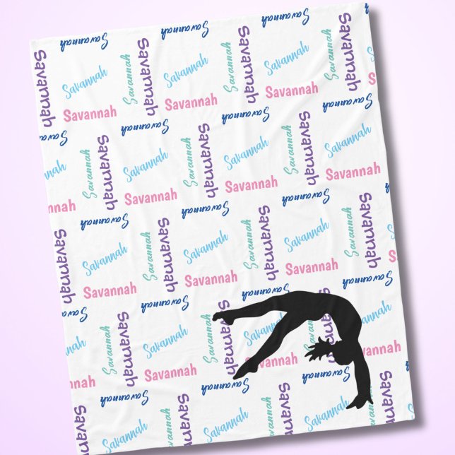 Girl Gymnastic Her Name All Over 6+ Character Long Fleece Blanket (Specifically designed for longer character names this adorable fleece blanket has her name all over!)