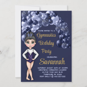 Girl Gymnastics Birthday Party Deep Blue Balloons Invitation