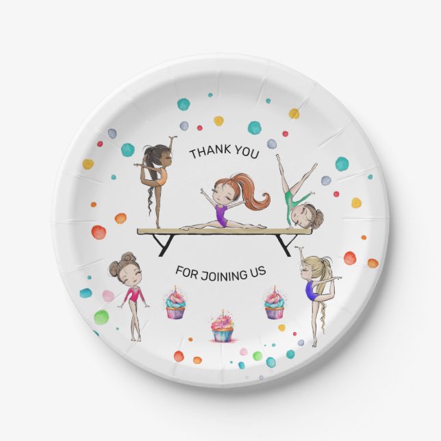 Girl Gymnastics Cupcake & Balloon Birthday Party   Paper Plate (Front)