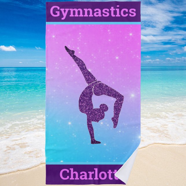 Girl Gymnastics Handstand Purple Aqua Personalized Beach Towel (Creator Uploaded)