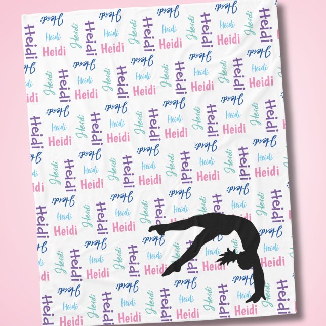 Girl Gymnastics Power Tumbling Her Name All Over Fleece Blanket (Beautiful and colorful fleece blanket with name all over!)