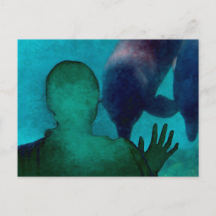 Girl hand up dolphins back grunged postcard