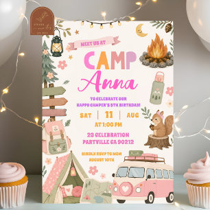 Girl Happy Campers Pink Camping Birthday Invitation
