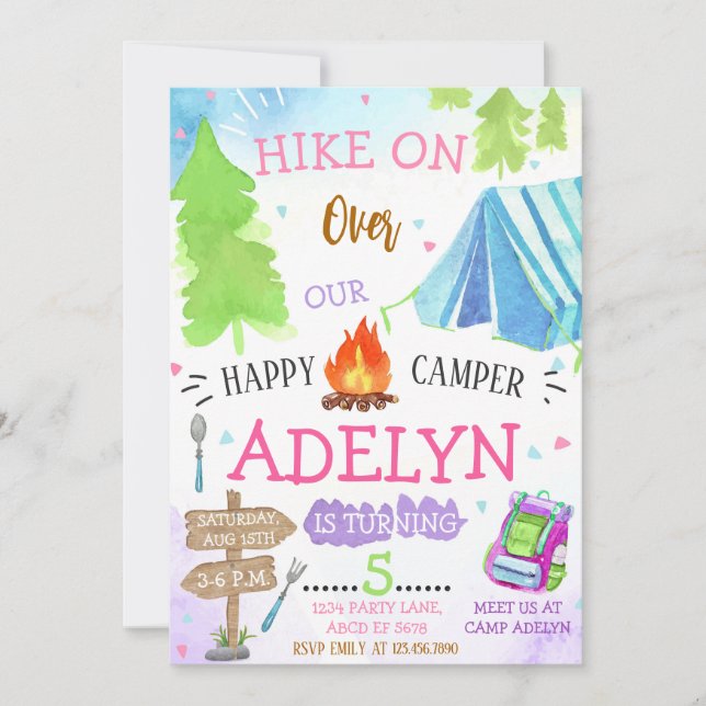 Girl Happy Camping Birthday Invitation (Front)