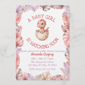 Girl Hatching Soon, Pink Dino Baby Shower Invitation