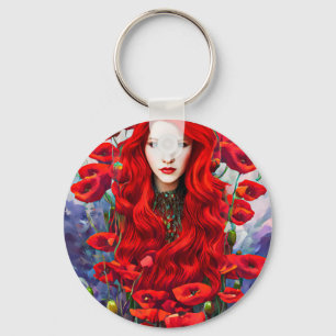 Girl Hiding In Poppy Flowers Field fantasy art Key Ring