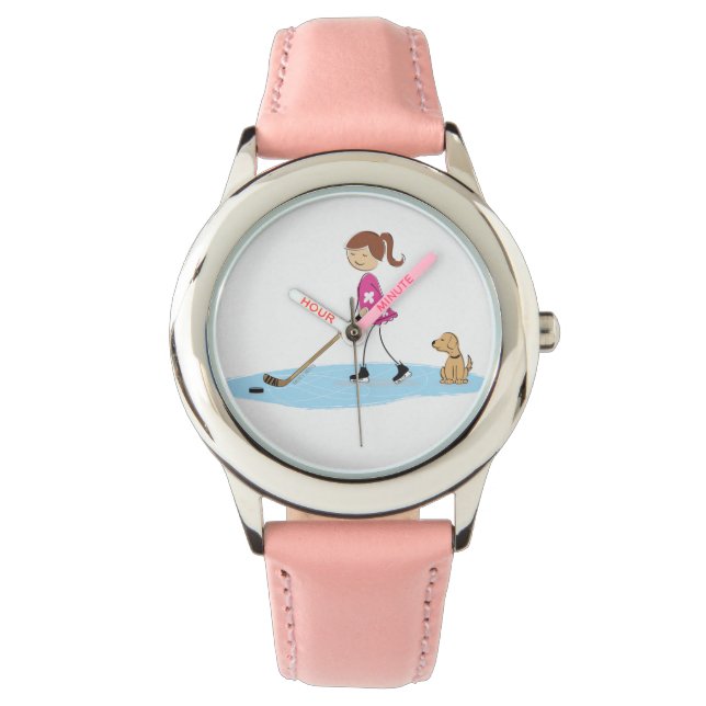Girl Hockey Cartoon Pink Watch (Front)