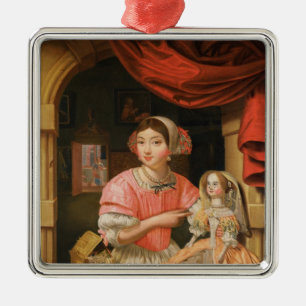 Girl holding a doll in an interior metal tree decoration
