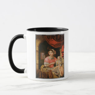 Girl holding a doll in an interior mug