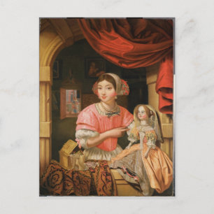 Girl holding a doll in an interior postcard