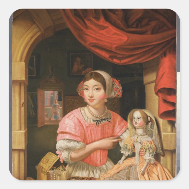 Girl holding a doll in an interior square sticker (Front)