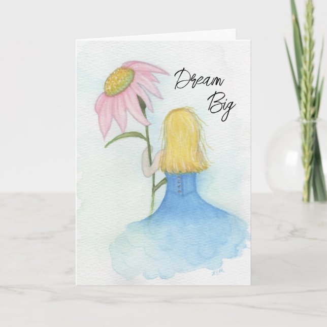 Girl holding a giant pink flower "Dream Big" Thank You Card (Front)