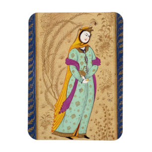 Girl holding a wine vessel and a pear, from the La Magnet