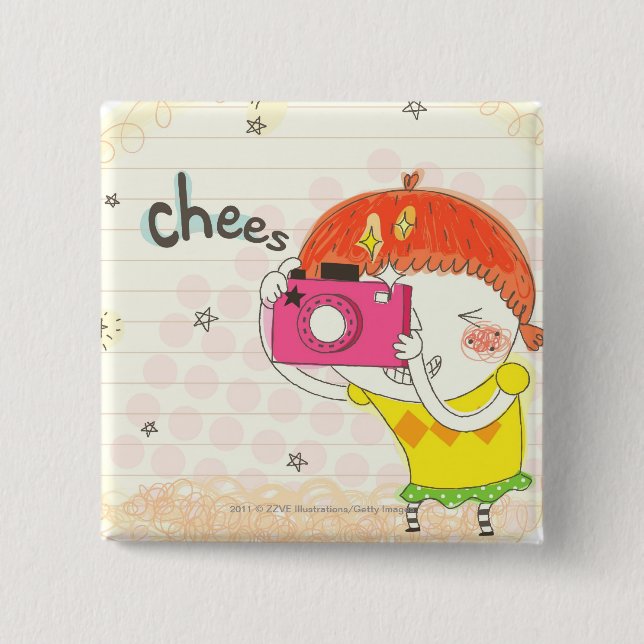 Girl holding camera, clicking 15 cm square badge (Front)