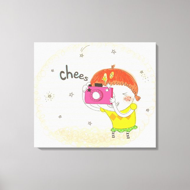 Girl holding camera, clicking canvas print (Front)