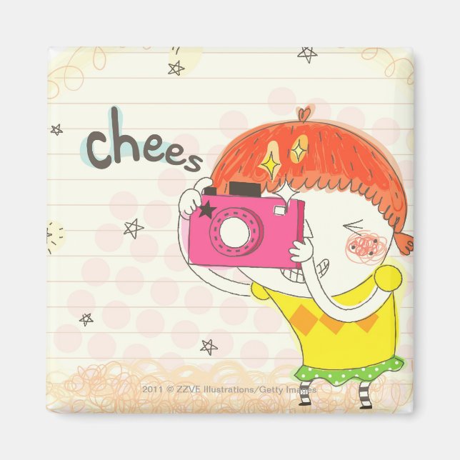 Girl holding camera, clicking magnet (Front)