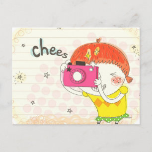 Girl holding camera, clicking postcard