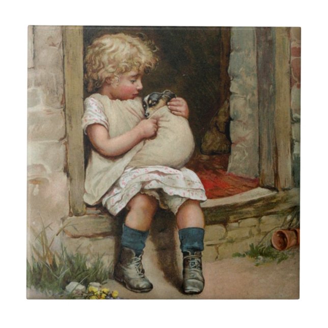 Girl Holding Cute Puppy Vintage Tile (Front)