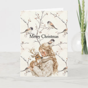 Girl Holding Deer Birds Tree Cream Christmas Card
