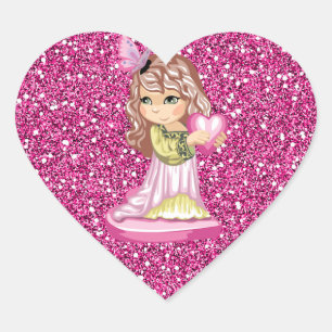 Girl Holding Heart Pink Faux Glitter Sticker