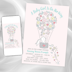 Girl Hot Air Balloon Bunny Baby Shower Invitations