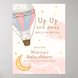 Girl Hot Air Balloon Moon Star Baby Shower Welcome Poster