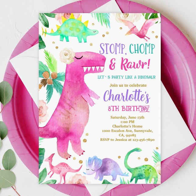 Girl Hot Pink Dinosaur Birthday Invitation (Creator Uploaded)