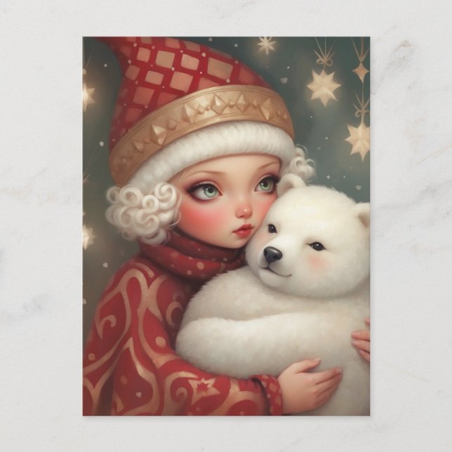 Girl Hugging a Polar Bear, Cute Fantasy Art Holiday Postcard (Front)