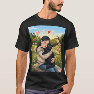 Girl Hugging Black Cat   Wildflower Field Illustra T-Shirt