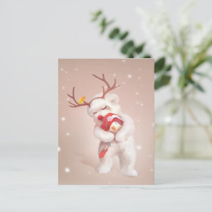 Girl Hugging Dog in Reindeer Antlers Announcement Postcard