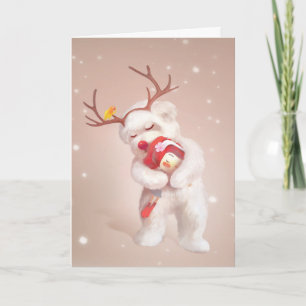 Girl Hugging Dog in Reindeer Antlers Card