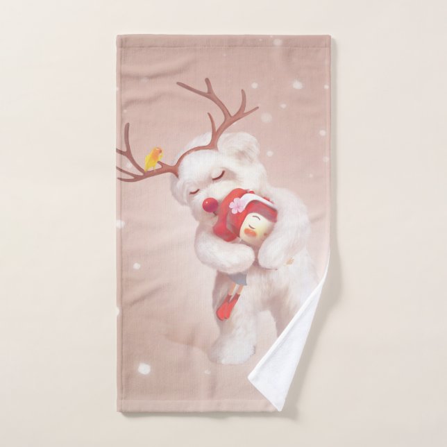 Girl Hugging Dog in Reindeer Antlers Hand Towel (Hand Towel)