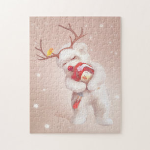 Girl Hugging Dog in Reindeer Antlers Jigsaw Puzzle