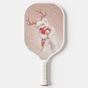 Girl Hugging Dog in Reindeer Antlers Pickleball Paddle