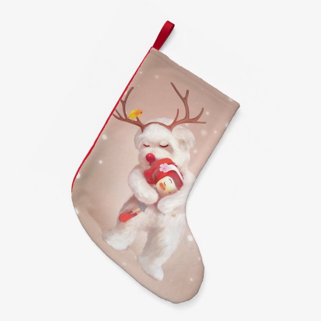 Girl Hugging Dog in Reindeer Antlers Small Christmas Stocking (Front (Hanging))