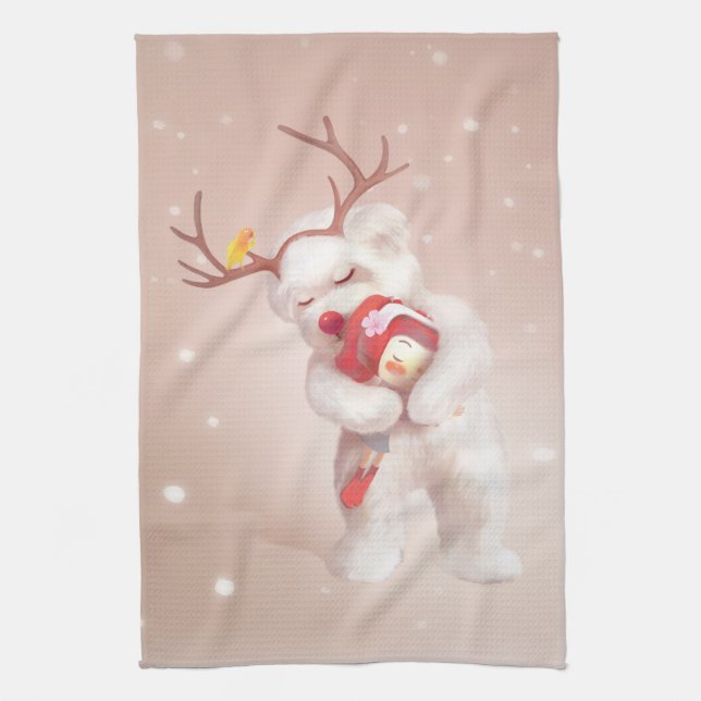Girl Hugging Dog in Reindeer Antlers Tea Towel (Vertical)