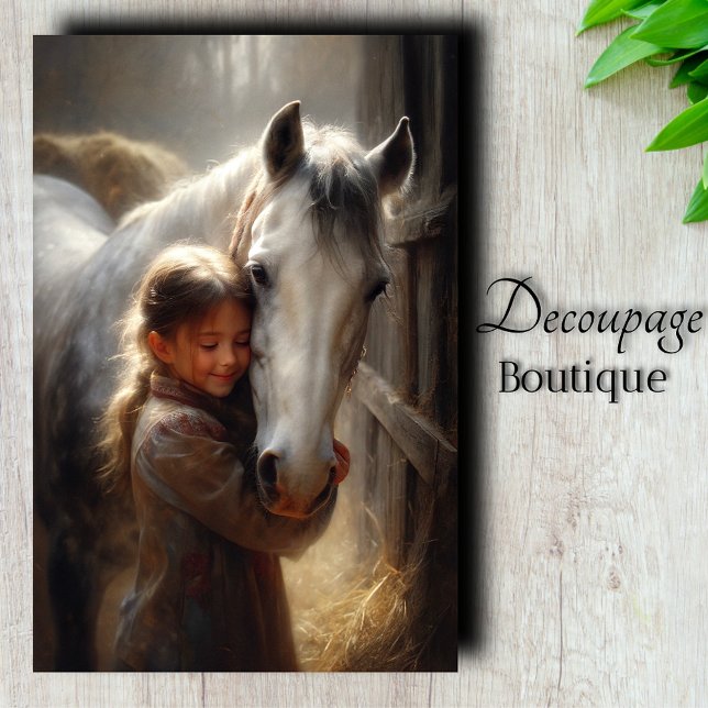 Girl Hugging White Horse Decoupage Tissue Paper (Girl Hugging White Horse Decoupage Tissue Paper)