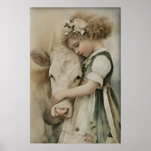 Girl Hugs Cow Antique Print, Sage Green Rustic Poster