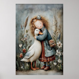 Girl Hugs Duck Love Vintage Art Print, Rustic Poster