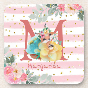 Girl Illustration Gold Glitter Pink Floral Sweet Coaster
