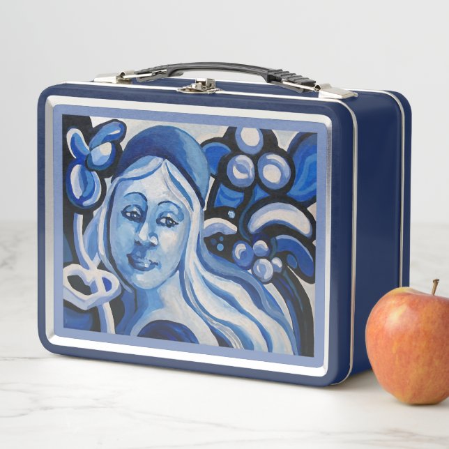 Girl in a blue hat art illustration metal lunch box (In Situ)